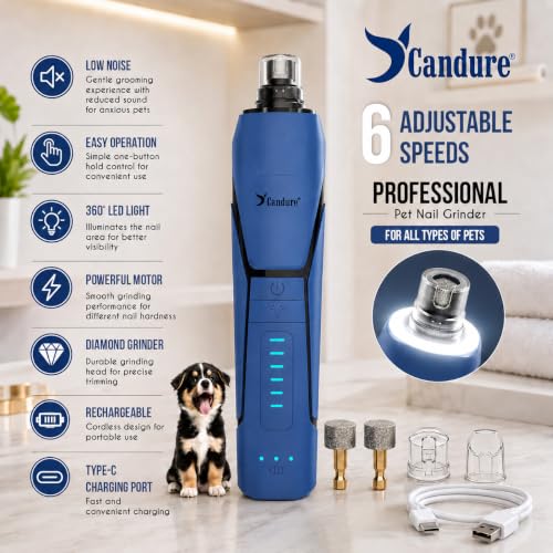 Whisper Quiet Dog Nail Grinder with 360 Degree LED Light (Dark Blue)