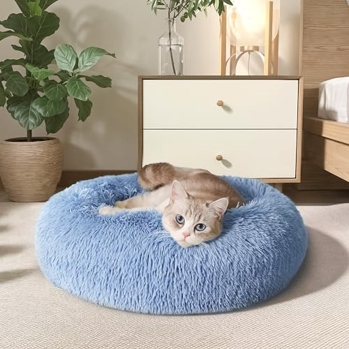 Western Home Calming Donut Cat Bed Small Dog Bed Washable (Light Blue / 20.0"l x 20.0"w x 6.0"th)