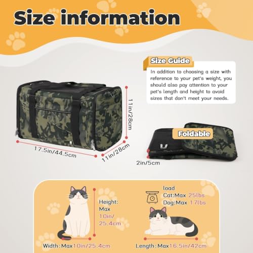 25lbs Cat Carrier Lightproof Soft Sided Pet Carrier for Large Cat (17.5"L x 11.0"W x 11.0"H / Black Camouflage（No Privacy Curtain))