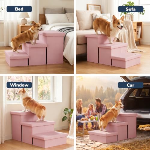 3 Step Wide Dog Stairs with Hidden Storage 18" H (Pink / 30"D x 17"W x 17.7"H)