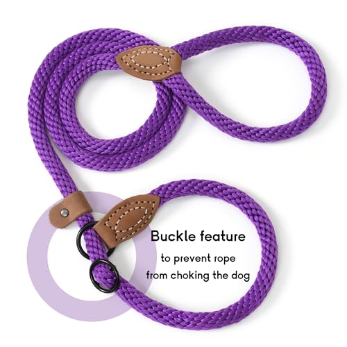 Heavy Duty Slip Lead No Pull Leash w Leather (Purple / 6 Feet)