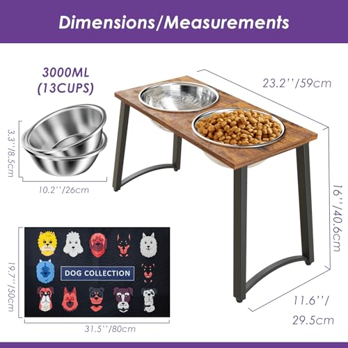 Elevated Dog Bowls for X (Brown-101oz Bowls & Mat, 16.5")