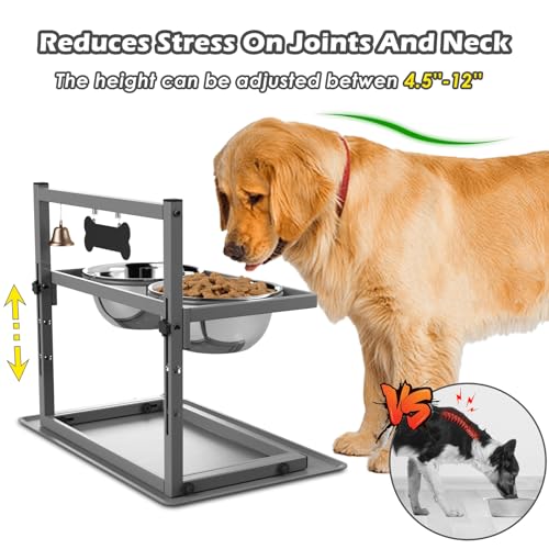 Grey Raised Dog Bowl Stand with Two 1700ml Stainless Steel Food Bowl (Gunmetal Grey - Slow Bowl & Mat / Large Dogs)