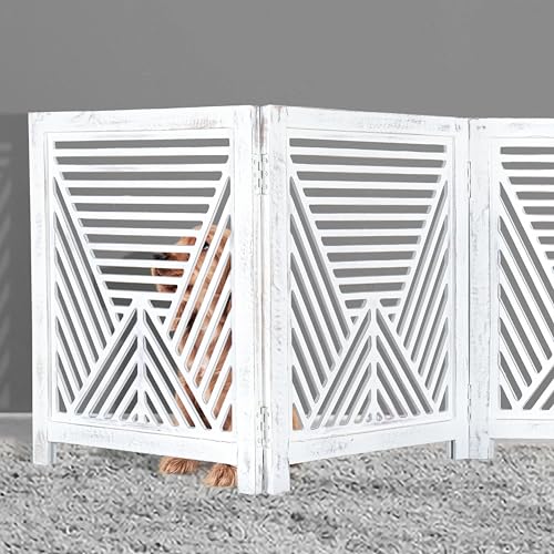 Lightnpro 3‑Panel Wooden Dog Gate (Antique White Lines / 24x54 - Clover)