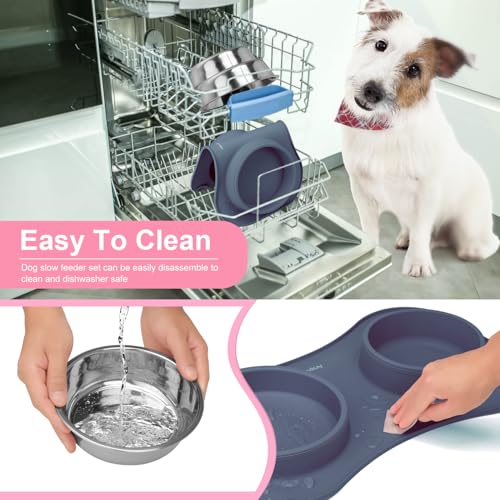 Slow Feeder Dog Bowls 3 in 1 Stainless Steel Food Water Bowl to Slow Eating (Large Breed / Light Grey)