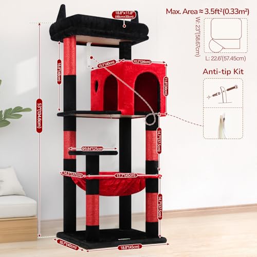 Gothic Cat Tree Tower with Scratching Post for Indoor Cats (Red Black / L)