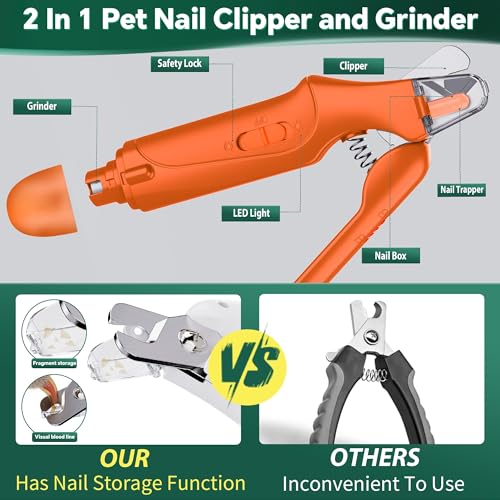 2 in 1 Dog Nail Clippers & Cat Nail Clippers Trimmers for Large Medium Small Dogs Cats Claw Trimmer Quick Sensor and Safety Guard USB Rechargeable Dogs Nail Trimmer with Catcher & 2 LED Lights (Orange)