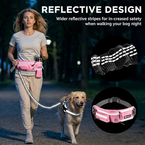 Hands Free Dog Leash with Waist Pack Bungee for Running Pink (Pink)