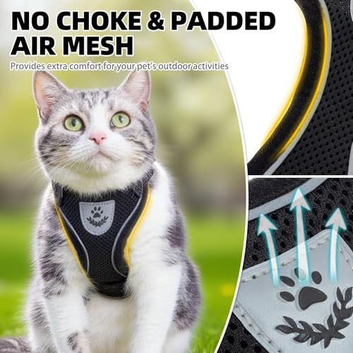 Cat Harness and Leash Set Escape Proof Reflective Cat Walking Harness Adjustable Soft Breathable Mesh Vest for Small Pets (M (NECK 11"-13.7", CHEST 16"-20") / Black)