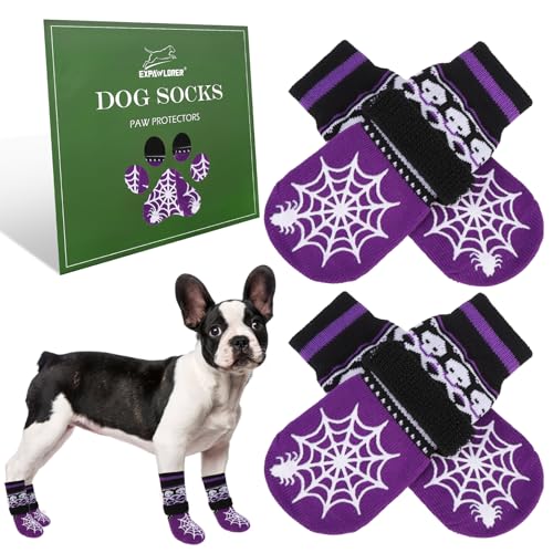 Halloween Anti Slip Dog Socks to Prevent Licking Paws (Medium (4 Count) / Halloween Purple)
