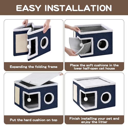 Large Cat Houses for Indoor Cats with Fluffy Ball and Scratch Pad (SingleAB / Large)