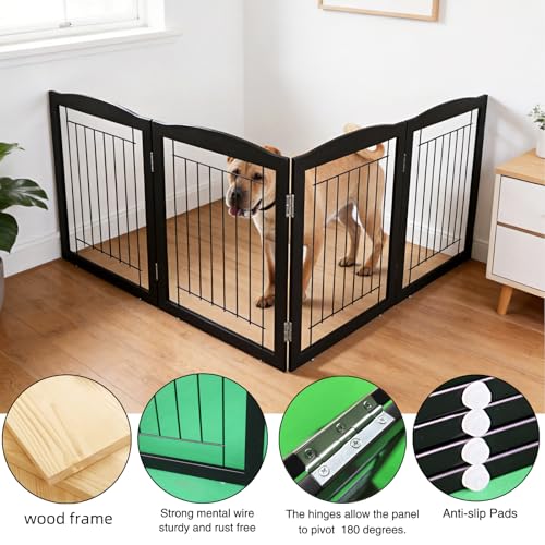 Freestanding Foldable Dog Gate for House Extra Wide Wooden Black Indoor Puppy Gate Stairs Dog Gates Doorways Tall Pet Gate 4 Panels Fence (Black / 【4 Panels】80''w x 32''h)