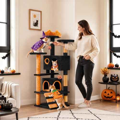 54in Gothic Cat Tree (Black/Pumpkin Orange / 54in)