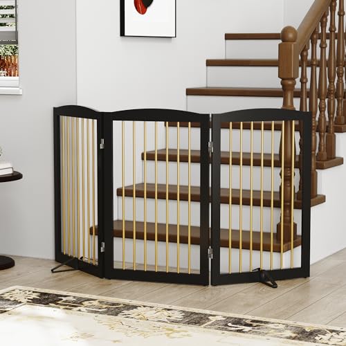 Freestanding Pet Gate for Dogs (32" Height-3 Panel / Black & Gold)