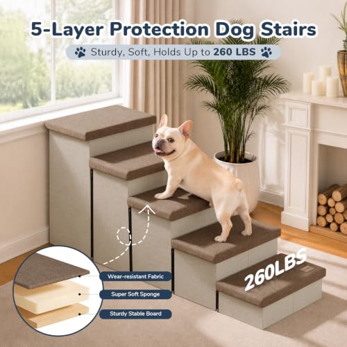 5 Step Wide Dog Stairs with Storage 23" H (Brown / 50"D x 17"W x 23"H)