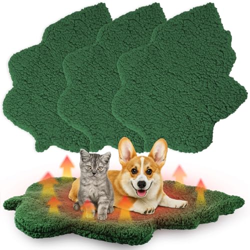 3 Pack Self Warming Pet Bed Leaf Shape Self Heating Cat Dog Mat Washable Thermal Sleeping Pad for Indoor Outdoor Hedgehog (Dark Green / Large-19"x29")