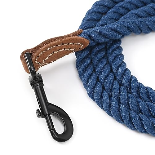 Dog Leash Braided Cotton Rope with Leather (Navy / 60 Inch-1/2")