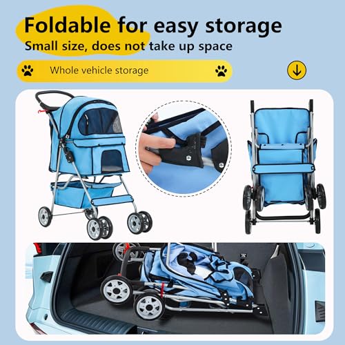 4 Wheel Foldable Pet Stroller (Blue / 4 Wheels)