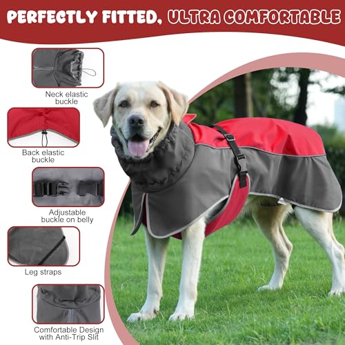 Dog Raincoat Waterproof Dog Coat with Polar Fleece Lining (Red / X-Large)
