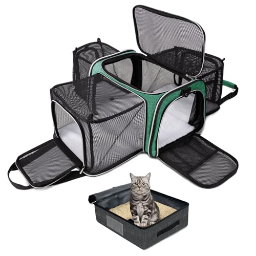 Expandable Cat Carrier with Travel Litter Box (Green / 12.6"L x 6.9"W x 16.5"H)