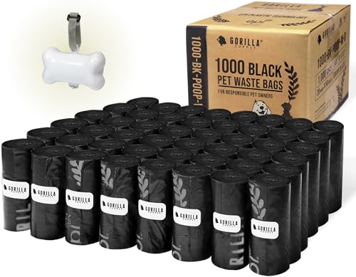 Dog Poop Waste Bags with Dispenser and Leash Tie (Black / 1 Count (Pack of 1000))
