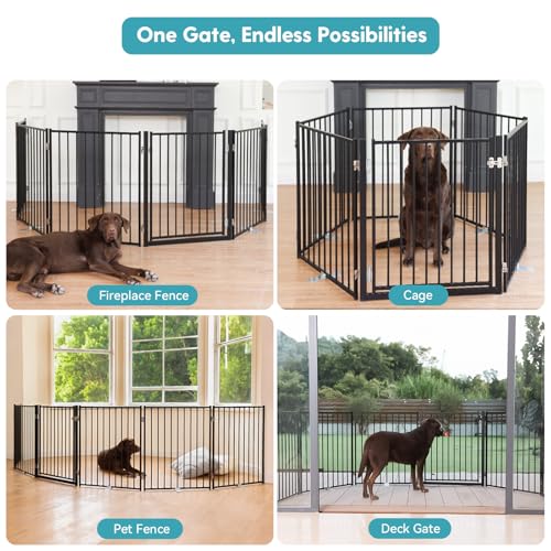 Freestanding Dog Gate with Door for Indoor & Outdoor (Black / 【3 Panels with Door】78"W×30"H)