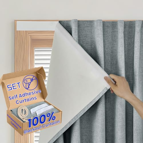 100% Blackout Self Adhesive Curtains Portable Curtain Simple and Easy to install Bedroom Window Thermal Lnsulated Kitchen Room Darkening Black Small Drapes (34"W x 72"L (Pack of 1) / Light Grey)
