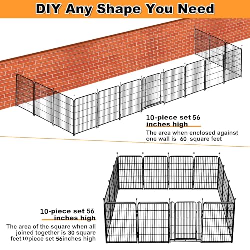 56in(H) Garden Fence, 10 Panels Total 22.1 Ft(L), Garden Fence with Low Threshold Gate, Anti Dig Fence Barrier, Fencing for Garden Beds, Black Metal Decorative Garden Fencing (56''(H)-10panels-22.1ft(L))