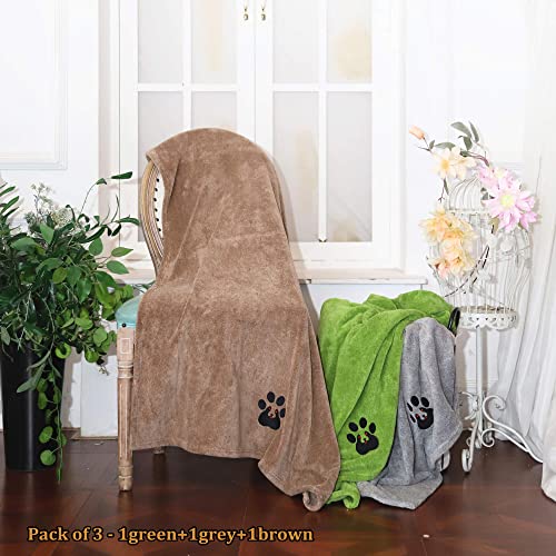 Extra Large Dog Towels for Drying Dogs 3 Pack (Green and Brown and Grey / XL-55" * 36")