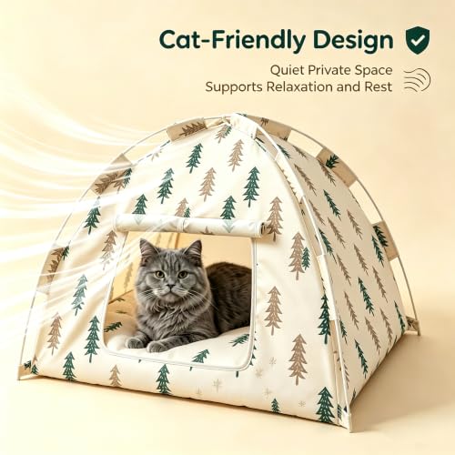 Portable Pet Tent Cave Bed with Removable Washable Mat (Khaki)