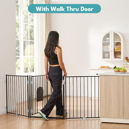 Freestanding Dog Gate with Cat Door for Indoor & Outdoor (Black / 【4 Panels with Cat Door】30''Tall, 104" Wide)