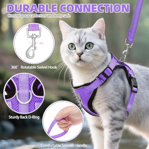Cat Harness and Leash Set Escape Proof Reflective Cat Walking Harness Adjustable Soft Breathable Mesh Vest for Small Pets (M (NECK 11"-13.7", CHEST 16"-20") / Purple)