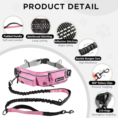 Hands Free Dog Leash with Waist Pack Bungee for Running Pink (Pink)