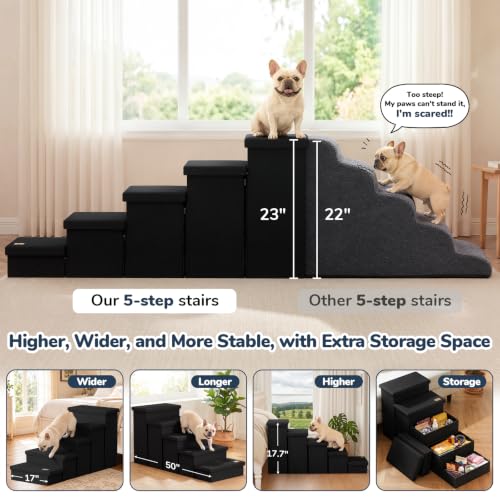 5 Step Wide Dog Stairs with Storage 23" H (Black / 50"D x 17"W x 23"H)