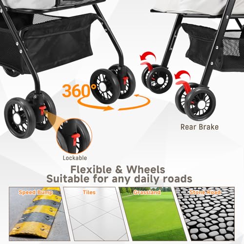 Pet Stroller for Small Dogs and Cats with 4 Wheels (Grey)
