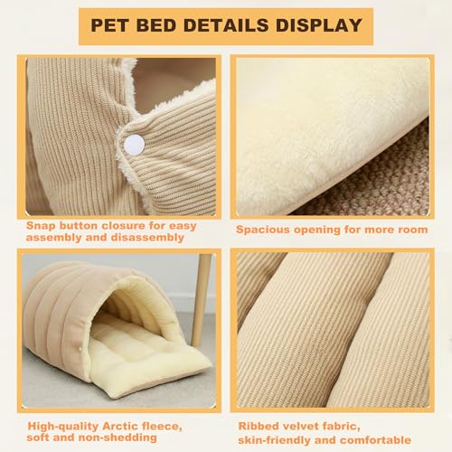 3-in-1 Detachable Winter Warm Pet Cave Bed，Soft Enclosed Cozy Cat House for Indoor Cats, Polyester Plush Fabric, Winter Pet Shelter, Small Pet Cubby, 17.7 * 11.8 * 7.5inchs,Beige (Beige / Medium)