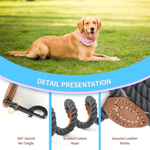 Dog Leash Braided Cotton Rope with Leather (Dark Grey / 18 Inch-1/2")