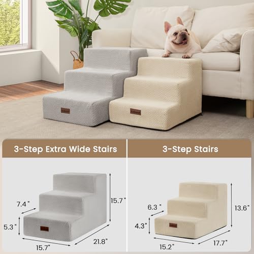 Dog Stairs for Small Dogs (Light Grey / Wider 3-Step 15.7" H)