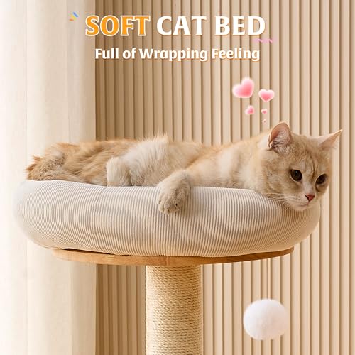 Solid Wood Cat Tree Tower with Scratching Post (White-Corduroy)
