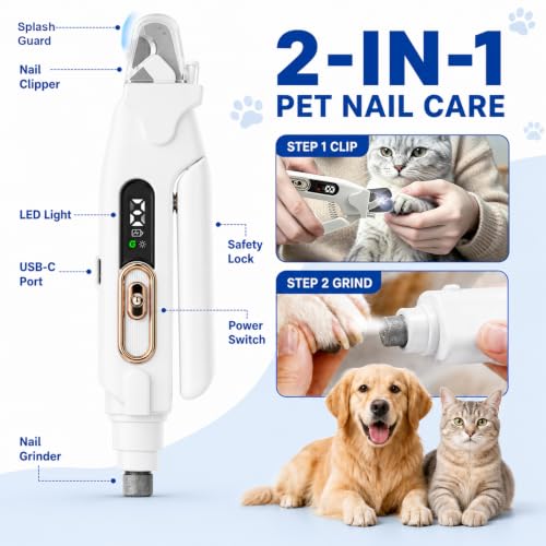 2-in-1 Dog Cat Nail Clippers & Grinder with LED Light, Pet Nail Trimmer with Splash Guard & Safety Lock, 2 Speeds USB Rechargeable Quiet Paw Nail Cutter for Large Medium Small Dogs Cats (Pink) (Pink)