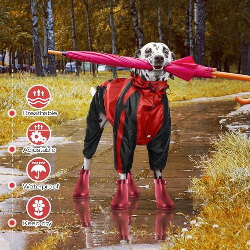 Dog Raincoat 4 Leg Waterproof Dog Rain Jacket with Hood (Red / Small)
