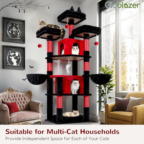 Big XL Gothic Cat Tower for Indoor Multiple Cats (Black Red / 68 inch)