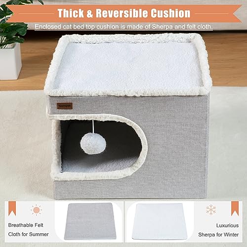Cat Bed for Indoor Cats Cube House (16.5"D x 16.5"W x 13"H / Grey)