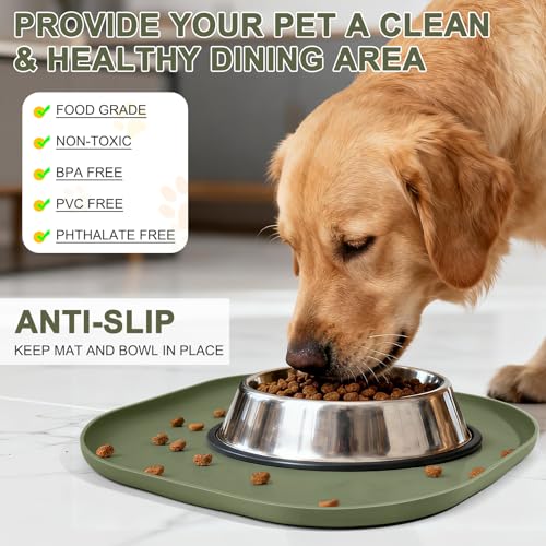 Waterproof Silicone Pet Food Mat with Raised Edge for Dog & Cat (Light Olive Green / 12"L x 12"W)