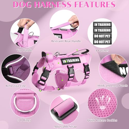 Escape Proof Dog Harness with Double Handle+4 Removable Patches (X-Large / Pink)