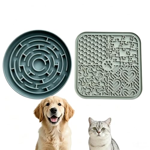 Dog Cat Lick Mat and Slow Feeder Bowl Set (Green+Blue)