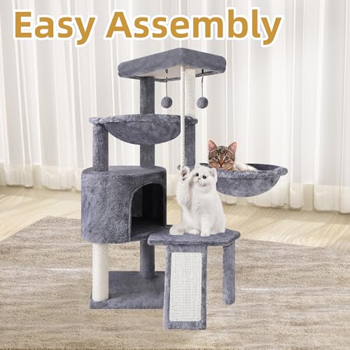Three Layer Cat Tree with Cat Condo and Two Hammocks (Small / Grey)