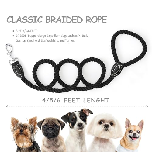 Dog Leash Braided Cotton Rope with Leather (Black / 48 Inch-1/2")