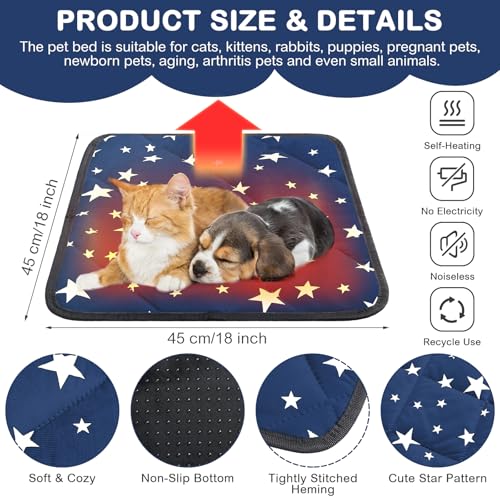 4 Pack Self Warming Cat Bed Self Heating Cat Mat Star Pattern Soft Dog Crate Pad Thermal Pet Mat Anti Slip Kennel Dog Washable Warming Bed for Outdoor Indoor (18 x 18 Inch / Blue)