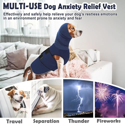 Reflective & Soft Dog Anxiety Vest with Ear Wraps for Thunderstorm (Nave Blue / Large)